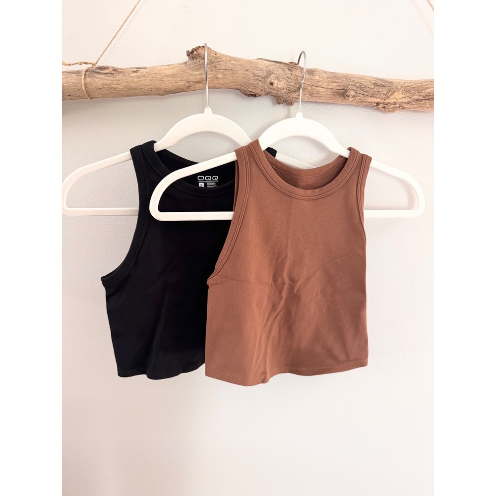 OQQ Women Ribbed Crop Tank Top 2 Pack Black Brown High Neck Seamless Small